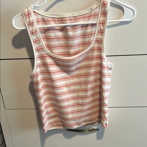 American Eagle Outfitters Pink and White Fitted Sleeveless Tank Top Slight Crop